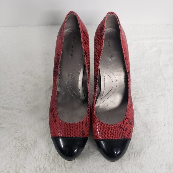 Tahari Laura Pumps Stiletto Red Snakeskin Black Patent Leather Pinup Vamp 7 - Picture 2 of 15